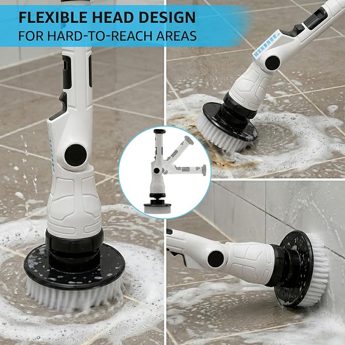 Electric Spin Scrubber, 3-Speed 6 Adjustable Head Power Scrubber for Cleaning Bathroom, 8 Brush Heads & 54" Long Handle, Cordless Scrubber with LCD Display Shower Scrubber for Grout Tile Floor Tub Car