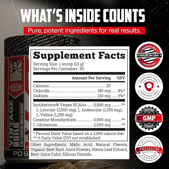 Old School Labs Vintage Build Post-Workout Recovery Powder Drink with BCAAs, Creatine & L-Glutamine to Support Muscle Recovery & Strength for Men & Women – Juicy Watermelon, 30 Servings