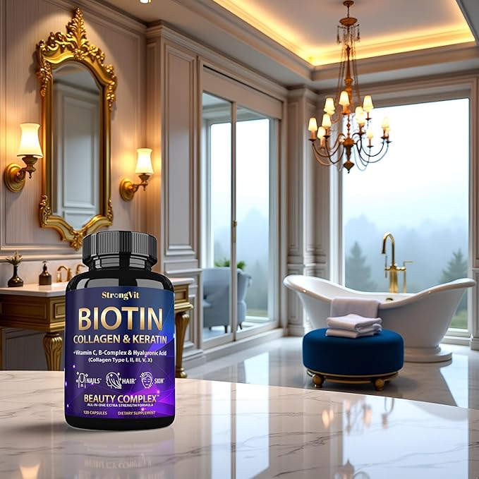 StrongVit Biotin with Hyaluronic Acid, Keratin and Collagen Supplements - 10000mcg for Hair Growth Women and Men - Hair Skin and Nails Vitamins - 120 Capsules