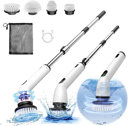 TUYU Electric Spin Scrubber, Full-Body IPX7 Waterproof Bathroom Scrubber,4 Replacement Head for Adjustable Extension Handle Electric Cleaning Brush for Bathroom, Tub, Tile