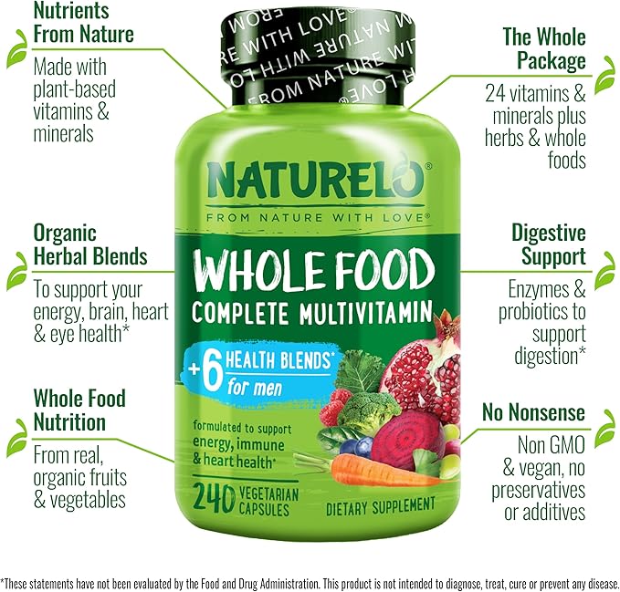 NATURELO Multivitamines pour Hommes - Multivitamines complètes pour hommes avec vitamines, minéraux - 240 capsules végétariennes pour l'énergie, la santé du cerveau, du cœur et des yeux* (Lot de 2)
