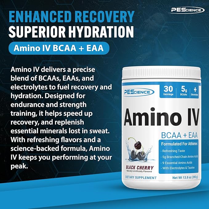 PEScience Amino IV BCAA & EAA Powder, Essential Amino Acids, Taurine, Electrolytes for Hydration and Muscle Recovery, Sugar Free for Men & Women, Post Workout - Black Cherry, 30 Servings