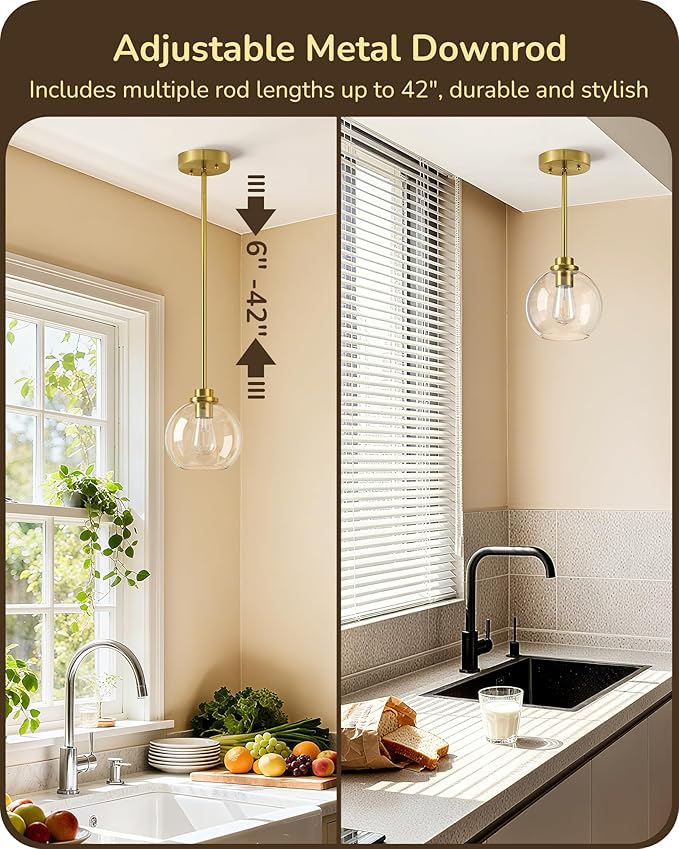EDISHINE Pendant Light Fixtures 2 Pack with Clear Glass Globe Shade, Gold Kitchen Hanging Lighting Over Island, Hardwired Adjustable Metal Rod for Dining Room, Entryway