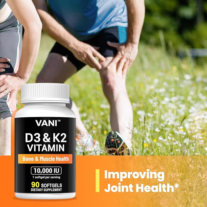 VANI Vitamines D3 (10000iu/250mcg) + K2 (sous forme de Mk7), pour la santé des os, des muscles et des dents, 90 GÉLULES
