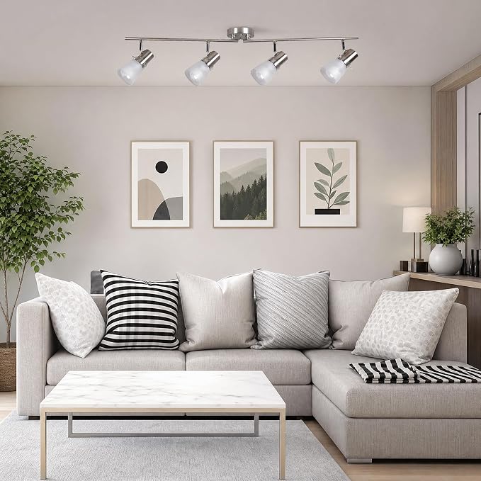4-Light Track Lighting Kit, Brushed Nickel Flush Mount Ceiling Light Fixture with Frosted Glass Shades, Foldable Arms with E26 Adjustable Heads Spotlight, ETL Listed (35.6 inch)