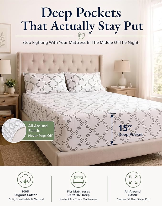 LANE LINEN Twin XL Fitted Sheet, 100% Organic Cotton 2-Piece Set (1 Fitted Sheet,1 Pillowcase),Percale Weave,Bottom Sheet, Soft, Breathable,Fits Mattress Upto 15" Deep - Trellis Silver(No Flat Sheet)