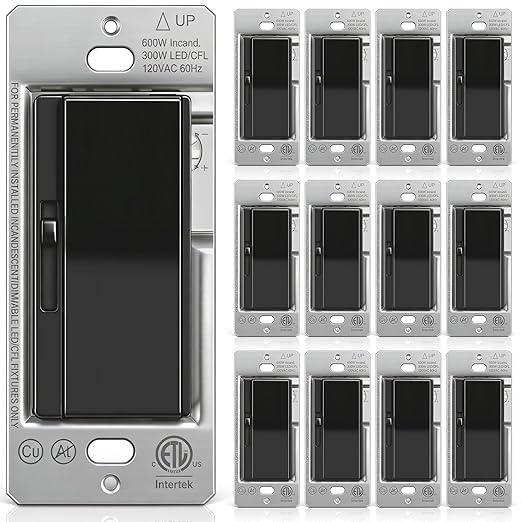 BESTTEN 12 Pack Super Slim Slide Dimmer Light Switch, Single Pole or 3 Way Dimmer Switches, Compatible with LED Dimmable Lamp, CFL, Incandescent, Halogen Bulb, ETL Listed, Black