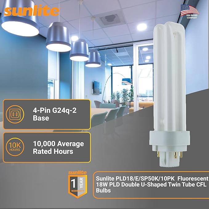 Sunlite Compact Fluorescent PLD 4-Pin Double U-Shaped Twin Tube, 18 Watts, 120 Volts, 1080 Lumens, 5000K Daylight, 4-Pin G24q2 Base, 10 Pack