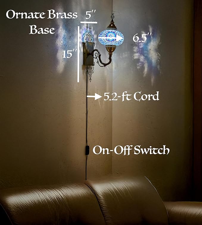 Turkish Moroccan Mosaic Plug-in Wall Sconce Lamp, Handmade Tiffany-Style Glass Globe, Ornate Brass Base, 5.2-ft Cord, Decorative Lighting for Living Room, Bedroom, Dining Room,15x5 in, White-Blue
