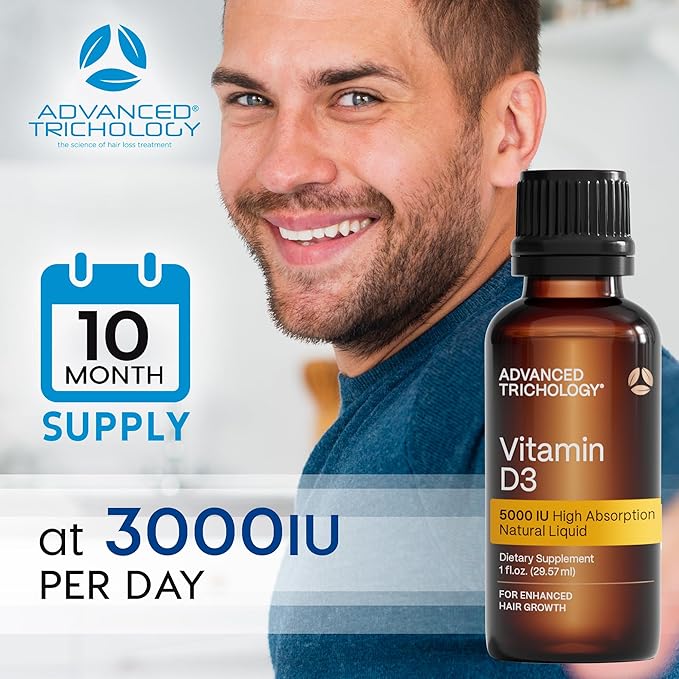 Advanced Trichology Vitamine D3 Végétarienne Liquide 5000 UI Haute Absorption - 1000 UI par goutte - Approvisionnement de 6 mois - Sans gluten 365 VIT D - 30 ml (Lot de 1)