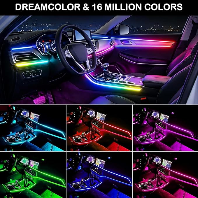 Acrylic Interior Car LED Strip Light with APP Remote Control, 4 in 1 RGB Dreamcolor Neon Flexible Strip Fiber Optic LED Ambient Lighting Kits,RGB Music Lights Sync for Inside car Decorations