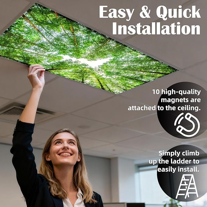 ANGSYLTH 8 Pcs Fluorescent Light Covers - 4 x 2 Feet Covers for Ceiling Lights, 8 x 10 Magnetic Light Filters for Classroom, Office, Hospitals (Spring & Forest)