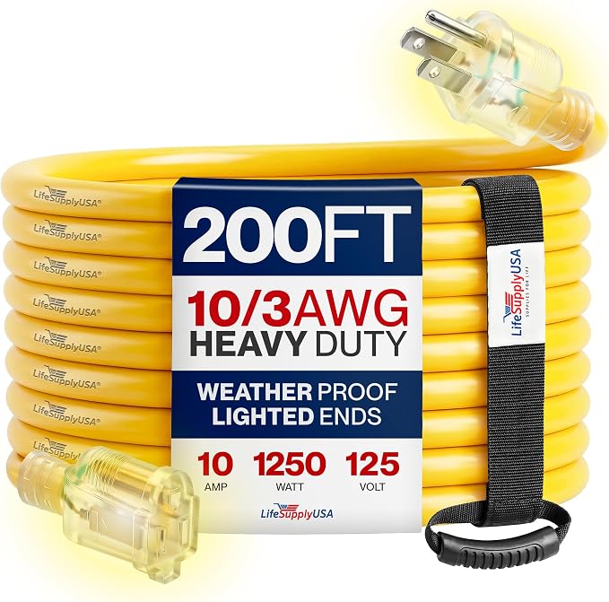 200ft Outdoor/Indoor Extension Cord 10/3 Gauge Ultra Heavy Duty 3 Prong SJTW, Waterproof, Flexible Cold-Resistant Long Power Cord,10A 125V 1250W, Yellow by LifeSupplyUSA