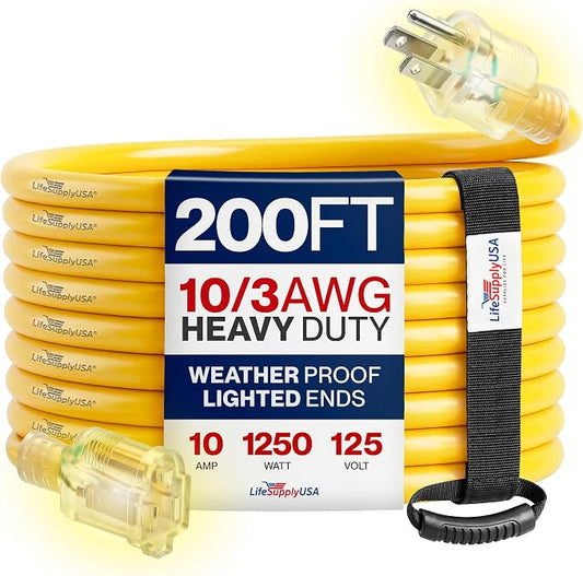 200ft Outdoor/Indoor Extension Cord 10/3 Gauge Ultra Heavy Duty 3 Prong SJTW, Waterproof, Flexible Cold-Resistant Long Power Cord,10A 125V 1250W, Yellow by LifeSupplyUSA