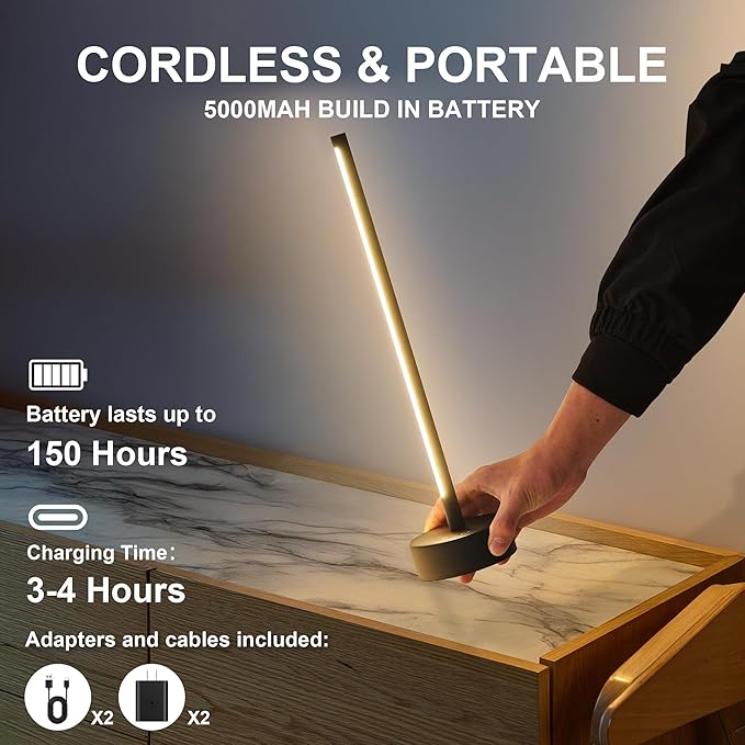 KARTOOSH Cordless LED Table Lamp Set of Two, Battery Operated Portable Desk Lamp, Dimmable/3 Color/Memory Function, Modern Rechargeable Table Light for Living Room,Bedroom, Bedside, Black, 2 Pack