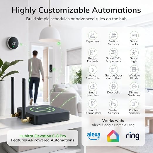 Hubitat Elevation C-8 Pro Smart Home Hub - Local Control & Automation for Smart Thermostat, Voice Assistants, Ring Cameras - Compatible with Z-Wave 800 LR, Zigbee 3.0, Matter 1.5, Bluetooth, Wi-Fi