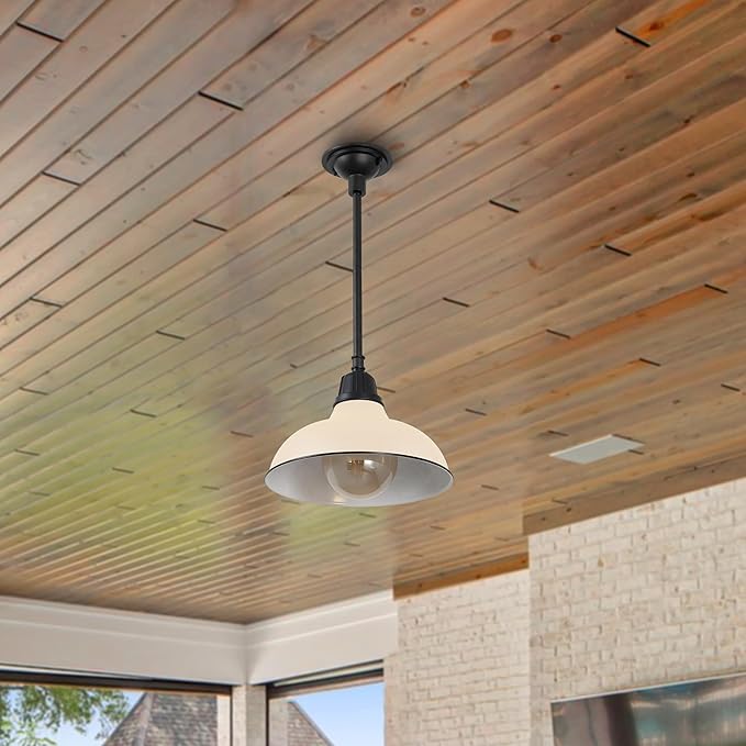 JONATHAN Y 12.25" Matte Almond 1-Light Farmhouse Indoor/Outdoor LED Pendant Iron Hanging Light, and Black Metal Shade, Rustic Ceiling Lamp for Kitchen Island, LED Bulb Included (JYL7611J)