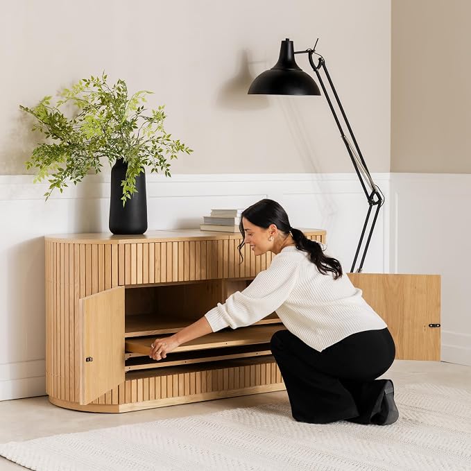 Transformer Table Round Sideboard Buffet Cabinet, Natural | Hidden Drawers, Wood Storage Cabinet, Solid Wood, Integrated Table Panel Storage