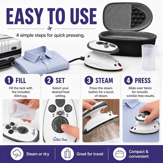 The Quilted Bear Premium Mini Steam Iron - Lightweight Mini Travel Iron for Effortless Quilting & Wrinkle-Free Clothes with Carry Case & Iron Rest Set - Travel Steamer for Clothes & Crafts (Black)