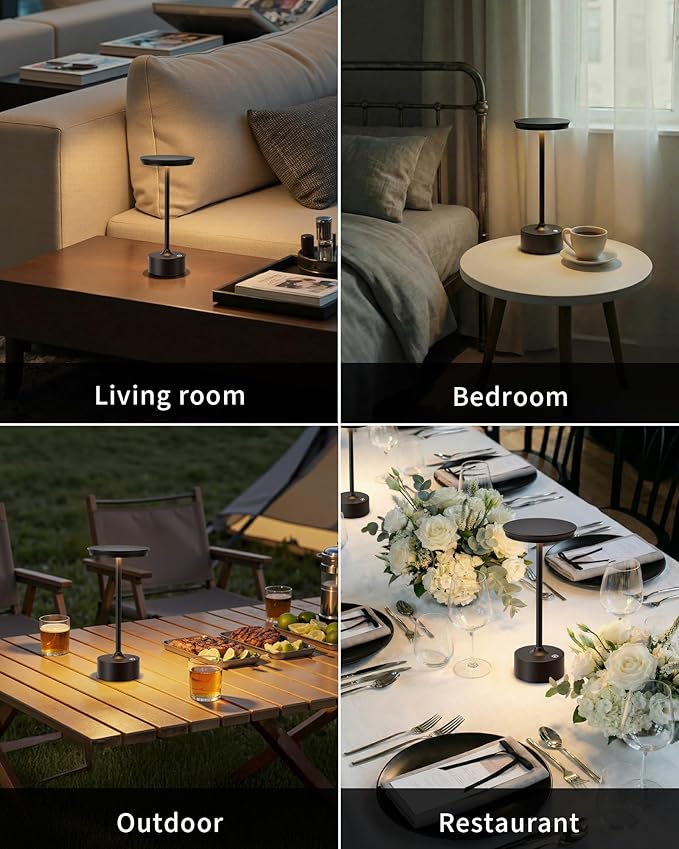 PUSU Rechargeable Table Lamps Set of 2, Black Cordless LED 4000mAh Battery Desk Lamp, Stepless Dimming & 3 Color 2700K-6000K, Portable Lamp for Bedroom, Living Room, Restaurant, Outdoor, Night Light