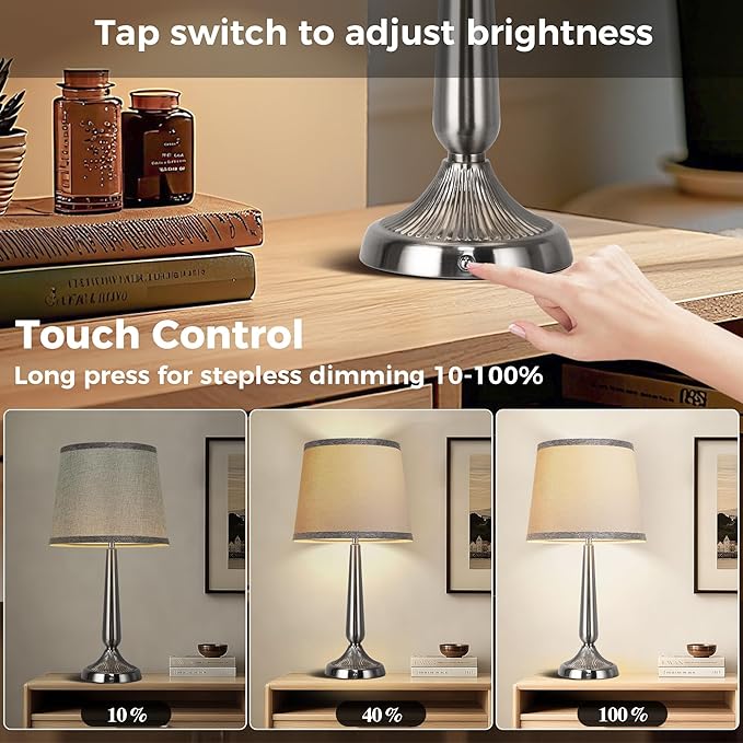 PARTPHONER Cordless Table Lamp, 5000mAh Battery Rechargeable Touch Lamp, 3-Level Brightness Bedside Lamps, Modern Portable Design, Battery Operated Desk Lamp for Patio Camping, Dining, Home, Nickel