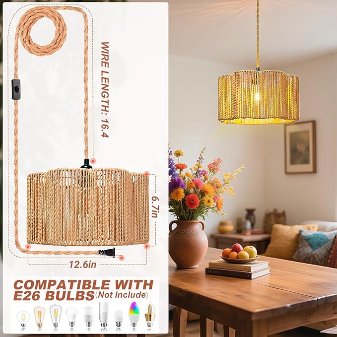 Hanging Lights with Plug in Cord Rattan Hanging Lamp Boho Ceiling Light Fixtures Farmhouse Pendant Lamp Shape for Living Room Bedroom Kitchen