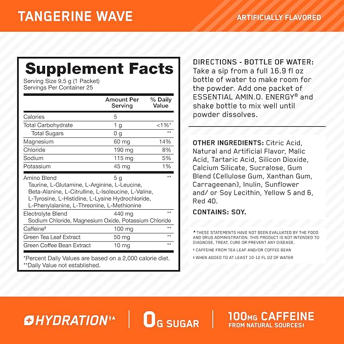Optimum Nutrition Amino Energy Hydration Packets, On-The-Go Energy Powder Stick Packs, Tangerine Wave, 25 Count