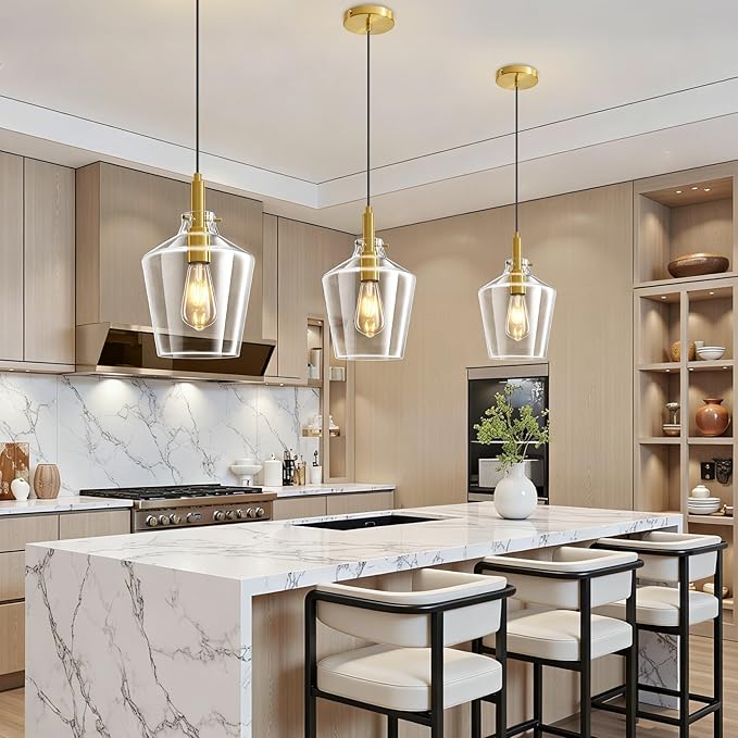 Modern Glass Pendant Lighting for Kitchen Island, Farmhouse Gold Pendant Light Fixtures 3 Pack, Adjustable Hanging Ceiling Light Angled Clear Glass Shades 8 Inch