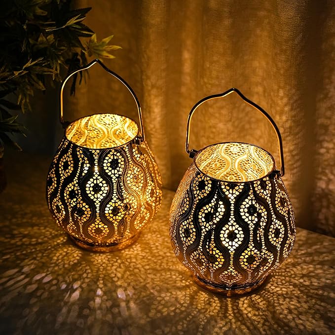 TRIROCKS Set of 2 Moroccan Decorative Lamps 8'' High Cordless Lamp Metal Table Lamps with Fairy Lights Bulb for Home Living Room Garden Yard Party Events Tabletop Indoor Outdoor(Gold)