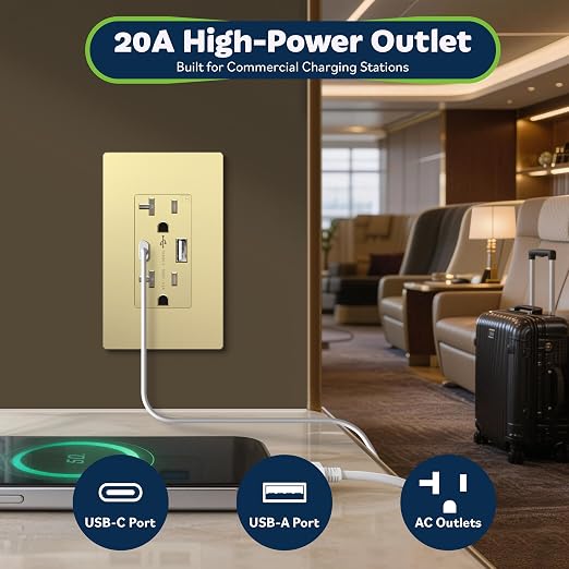 TOPGREENER 2-Port USB Outlets, 4.2A Type A & Type C USB Wall Outlet, 20 Amp Tamper-Resistant USB Outlets Receptacles, Wall Plate Included, UL Listed, TU22036AC-GDWSI-2PCS, Gold, 2 Pack