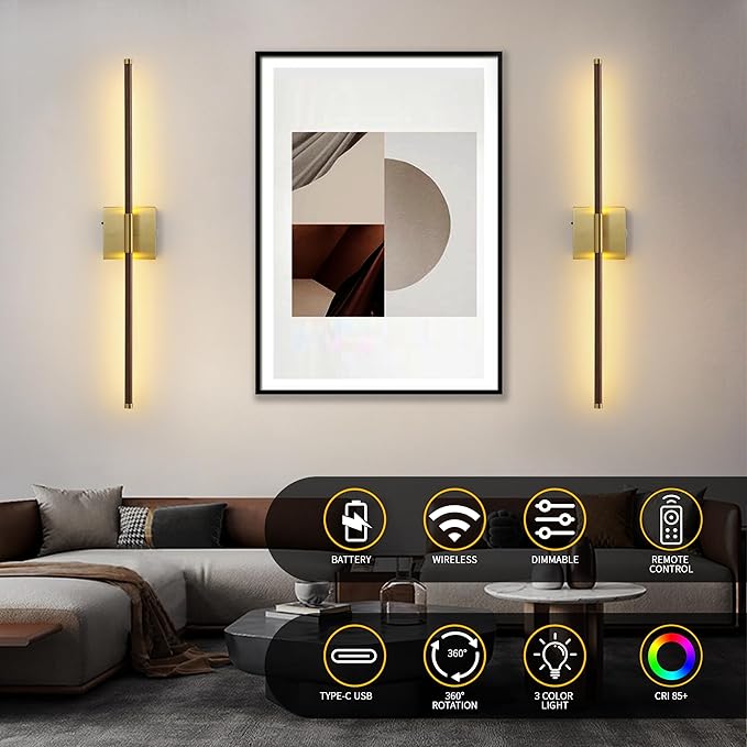 15800 mAh Battery Operated Wall Sconces with Remote Control Dimmable Battery Powered Cordless Rechargeable Wall Sconces Set of Two 3000K LED Walnut Wood and Brass Gold Wireless Wall Light for Bedroom