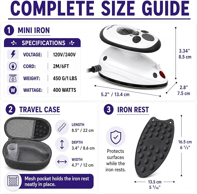 The Quilted Bear Premium Mini Steam Iron - Lightweight Mini Travel Iron for Effortless Quilting & Wrinkle-Free Clothes with Carry Case & Iron Rest Set - Travel Steamer for Clothes & Crafts (Black)