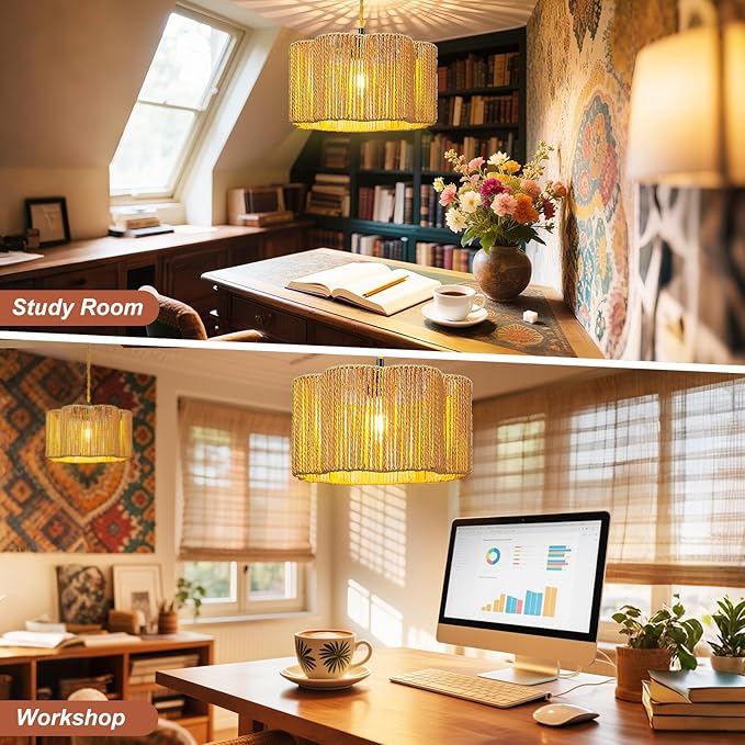 Hanging Lights with Plug in Cord Rattan Hanging Lamp Boho Ceiling Light Fixtures Farmhouse Pendant Lamp Shape for Living Room Bedroom Kitchen