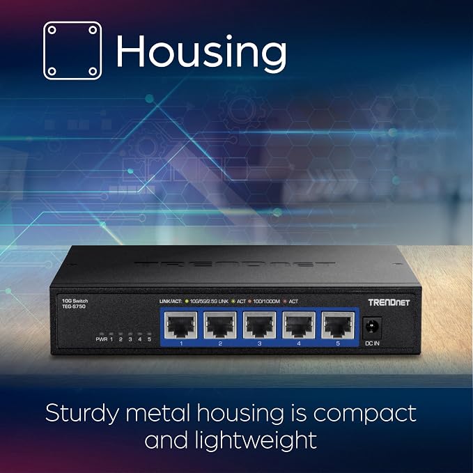 TRENDnet 5-Port 10G Switch, TEG-S750, 5 x 10G RJ-45 Ports, 100Gbps Switching Capacity, Supports 2.5G and 5G-Base-T Connections, Ethernet Splitter, NDAA & TAA Compliant, Lifetime Protection, Black