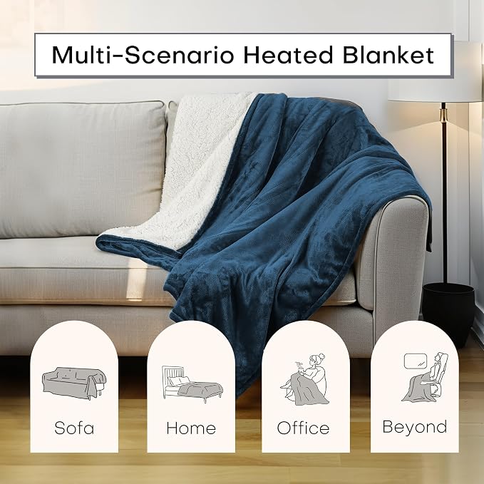 Electric Heated Blanket Throw Size 50"x60" – ETL Certified for Safe Overnight, 5 Heat Settings & 3H Auto Off, Flannel material Fabric for Home Theater Night, Machine washable – Peacock Green&White