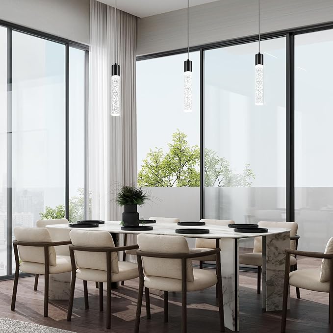 Pendant Lights Kitchen Island, 6500K Modern Kitchen Island Lights Brushed Black, 3 Pack Ceiling Lighting Fixtures with Crystal Bubble, Integrated LED Hanging Light for Dining Room Restaurant