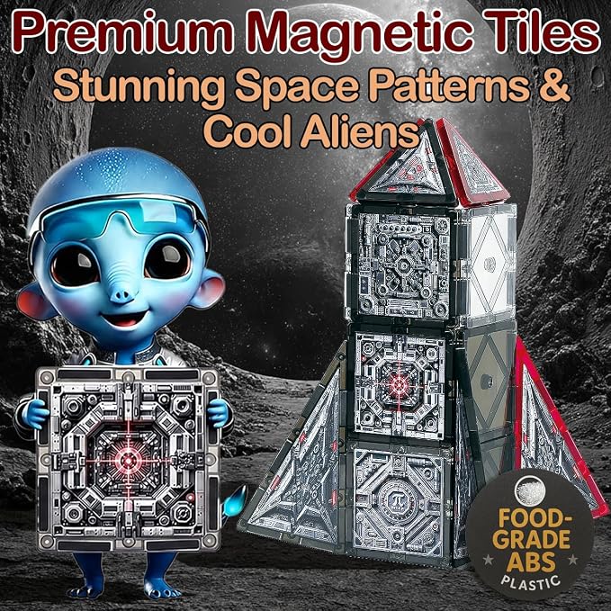 Little Pi Space Battleship Magnetic Tiles | Magnetic Blocks for Star Inspired Galactic Building | STEM Toys for Kids Age 3 4 5 6 7 8