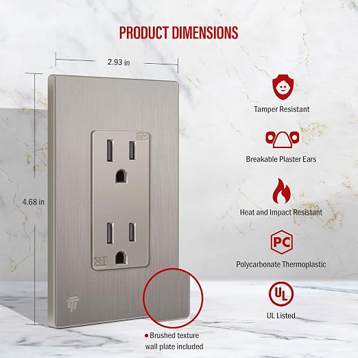 ENERLITES Elite Series Decorator Receptacle Outlet Child Safe Tamper-Resistant, Gloss Finish, Self-Grounding, Residential Grade, 15A 125V Standard Electrical Wall Outlet, UL Listed, Nickel (10 Pack)
