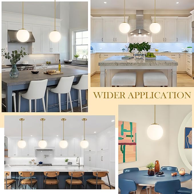 Bagood 8" Globe Pendant Light Gold 2 Pack Mid Century Pendant Light Globe Pendant Lights Kitchen Island Brushed Brass Finished with Milk Glass Adjustable Ceiling Light Fixtures for Dining Room Bar