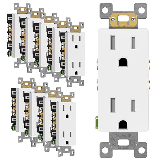 ENERLITES Matte White Decorator Receptacle, Standard Electrical Wall Outlet, 15A 125V, Self-Grounding, 2-Pole, 3-Wire, 5-15R, UL Listed, 61502-TR-MW, 10 Pack, Tamper Resistant