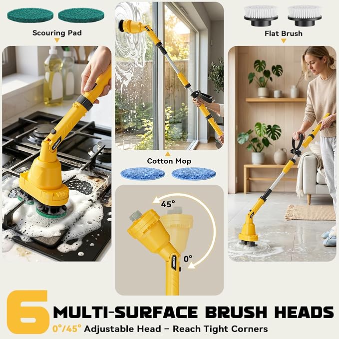 NATBEESY 2 in 1 Electric Spin Scrubber Compatible with DeWalt 20V Battery(Tool Only), Dual-Head Power Scrubber, 680/1200 RPM, 45° Adjustable Head, Extendable Handle for Tile, Tub, Floor & Bathroom