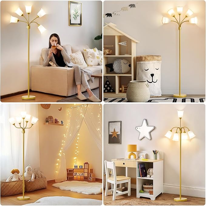 GyroVu Medusa Floor Lamp, Multi Head Modern Tall Lamp with Adjustable Gooseneck Standing Gold Lamps for Living Room Kids Room&Bedroom-5 White Lampshades-Bulb Not Included