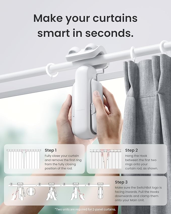 SwitchBot 2025 Automatic Curtain Opener 3 Rod-Bluetooth Remote Control, WiFi&APP Control, Upgraded High-Performance, Add Hub to Work with Alexa, Google Home, HomeKit via Matter(2025 Curtain Opener*2)