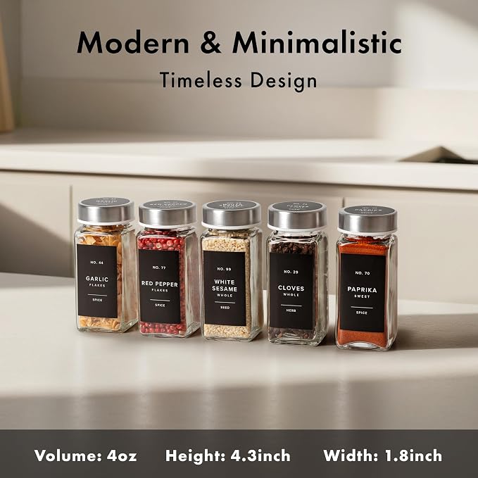 EDELHAUS Glass Spice Jars with Label and Stainless Steel Lids (24 x 4oz) Spice Containers with 240 Labels, Shaker Inserts, Steel Funnel, Empty Square Seasoning Organizer for Spice Rack Cabinet Drawer