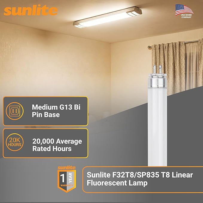 Sunlite F32T8/SP835 T8 Linear Fluorescent Lamp, 32 Watts, 3050 Lumens, 3500K Neutral White, Medium G13 Bi Pin Base, High Performance Straight Tube, 30 Pack