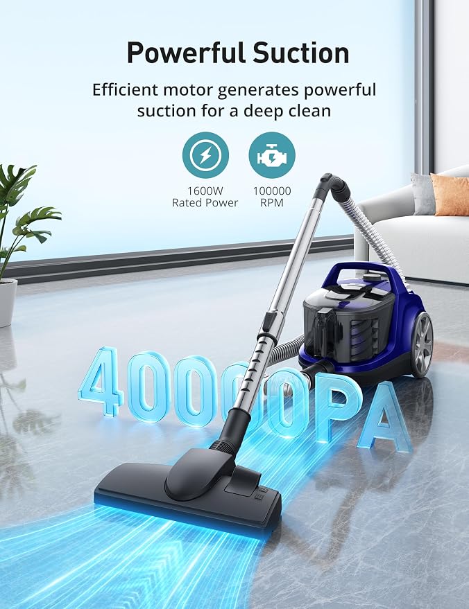 Aspiron Canister Vacuum Cleaner, 40Kpa Bagless Vacuum Cleaners, 4QT Large Dust Cup, Double HEPA Filter, Retractable Cord, 1600W Lightweight Vacuum Cleaner with 5 Tools for Hard Floors, Prussian Blue