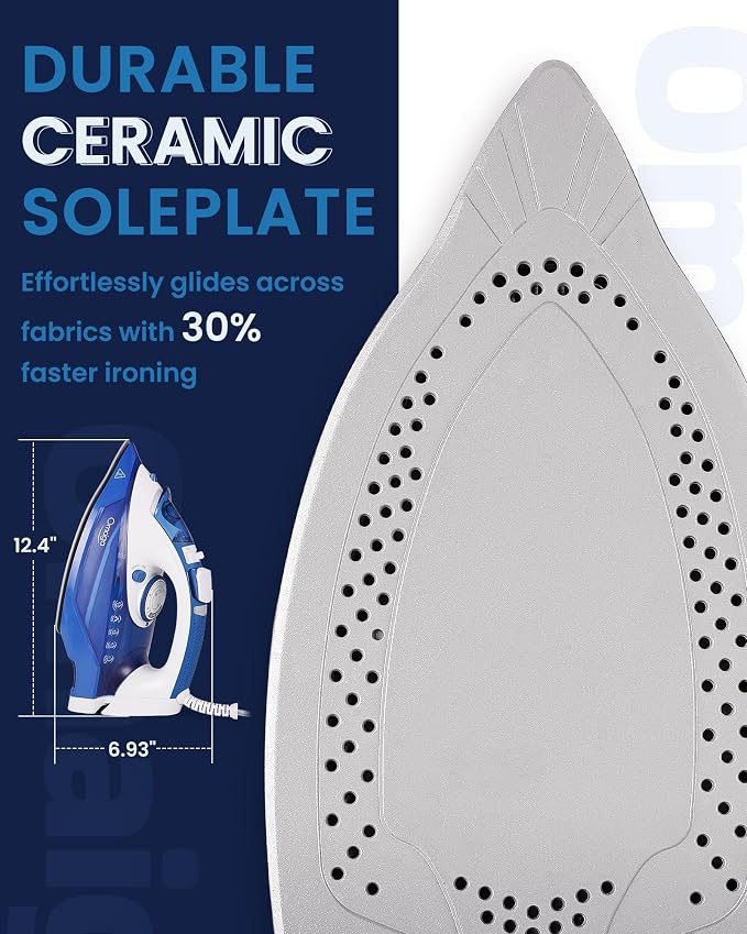OMAIGA Steam Iron for Clothes, 1500W Clothes Iron with 3-Way Auto-Off, Non-Stick Ceramic Soleplate, Iron for Clothes with 11.84oz Water Tank, Self-Cleaning, Anti-calc, White