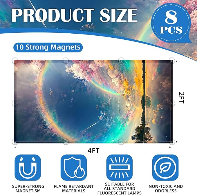 ANGSYLTH 8 Pcs Fluorescent Light Covers - 4 x 2 Feet Covers for Ceiling Lights, 8 x 10 Magnetic Light Filters for Classroom, Office, Hospitals (Auspiciousness Clouds)
