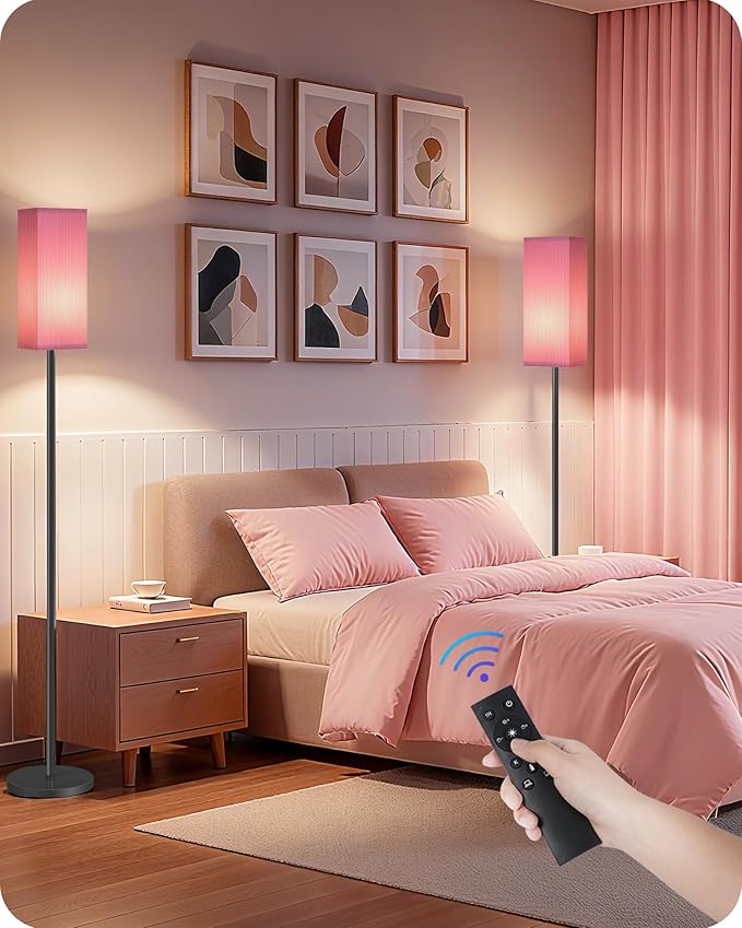 64.2” Dimmable Floor Lamp for Living Room with Remote and Foot Switch, Corner Floor Lamp for Bedroom, Includes 10W A19 Bulb, Modern Standing Tall Lamp, ETL Listed Pink and Black P17LD05