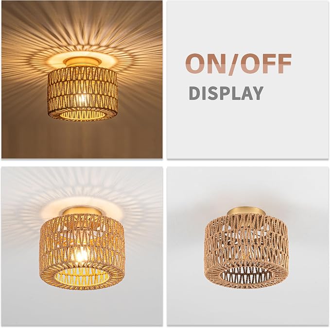 Rpzloila Rattan Ceiling Light, 1 Light Bohemian Modern Woven Flush Mount Ceiling Light, Boho Light Fixture for Bedroom Living Room Dining Room, Gold Finish